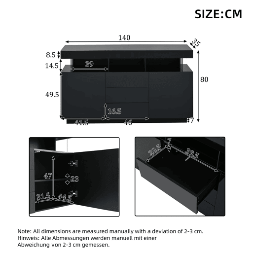 Aparador 140x35x80 cm - Moderno, alto brilho, barra de café, LED - Preto Aparador 140x35x80 cm - Moderno, alto brilho, barra de café, LED - Preto
