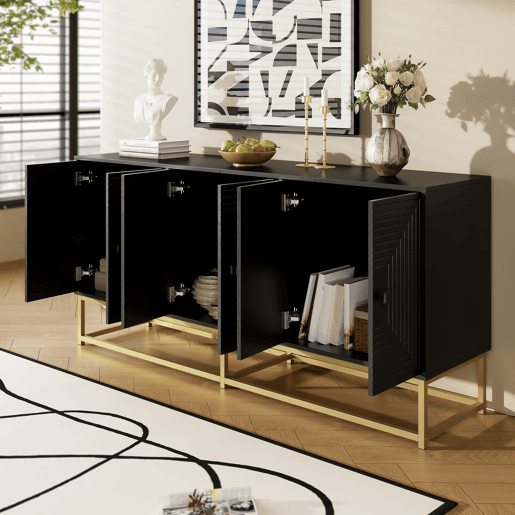 Aparador com 3 portas duplas - grande capacidade, superfície mate - preto