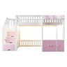 Cama alta de madeira 90x200 cm - armário e escada com arrumação, LED, design rosa