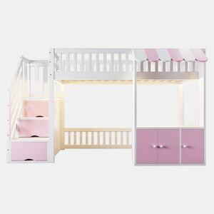 Cama alta de madeira 90x200 cm - armário e escada com arrumação, LED, design rosa