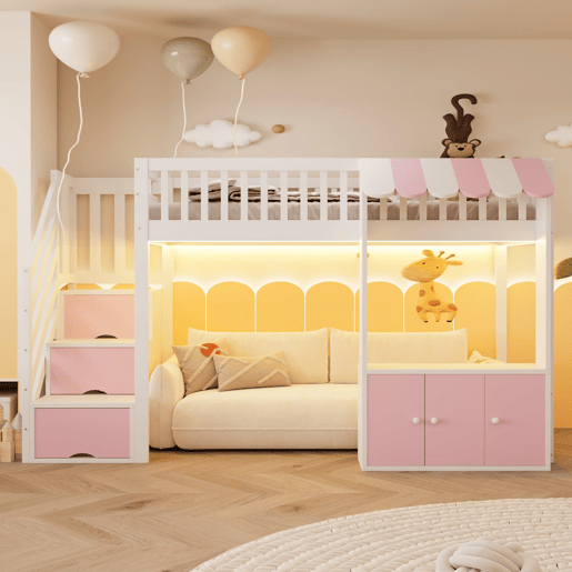 Cama alta de madeira 90x200 cm - armário e escada com arrumação, LED, design rosa