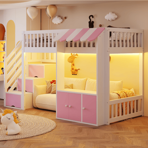 Cama alta de madeira 90x200 cm - armário e escada com arrumação, LED, design rosa