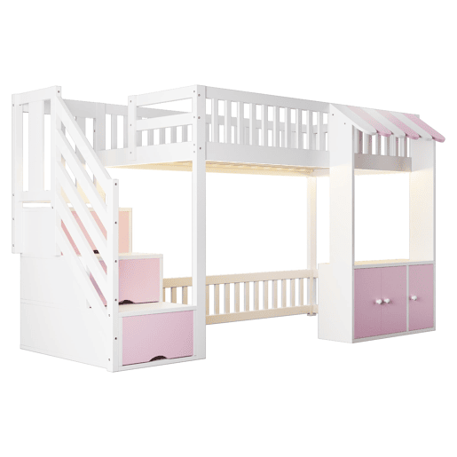 Cama alta de madeira 90x200 cm - armário e escada com arrumação, LED, design rosa