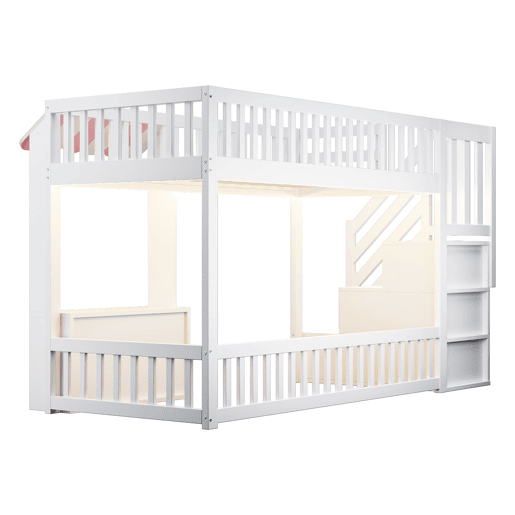 Cama alta de madeira 90x200 cm - armário e escada com arrumação, LED, design rosa