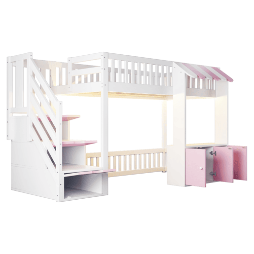 Cama alta de madeira 90x200 cm - armário e escada com arrumação, LED, design rosa