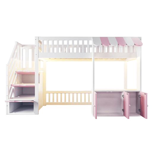 Cama alta de madeira 90x200 cm - armário e escada com arrumação, LED, design rosa