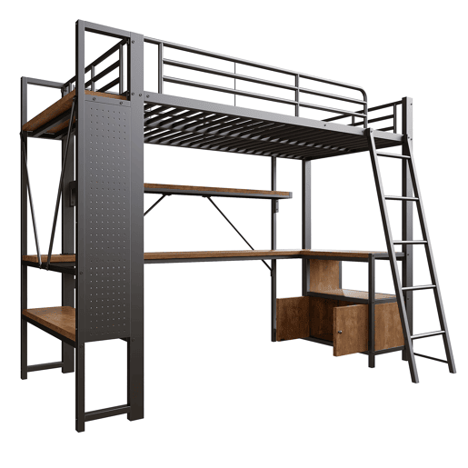Cama alta 90x200 - Metal, LED, secretária, prateleiras, USB, arrumação - Preto