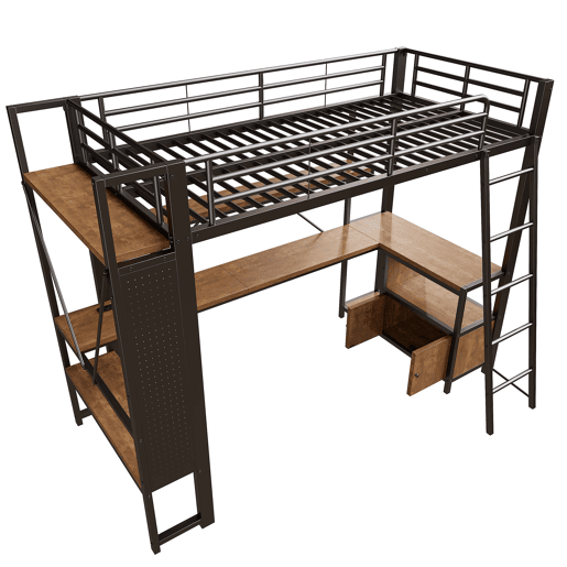 Cama alta 90x200 - Metal, LED, secretária, prateleiras, USB, arrumação - Preto