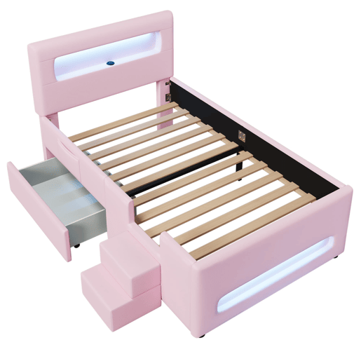 Cama plataforma estofada 90x200 - com escada, gavetas, LED, USB e arrumação - Rosa