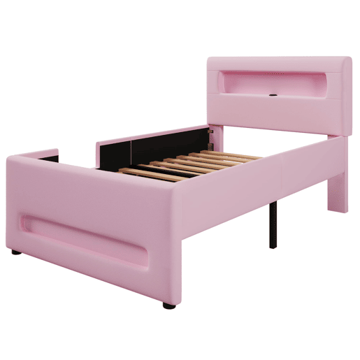 Cama plataforma estofada 90x200 - com escada, gavetas, LED, USB e arrumação - Rosa