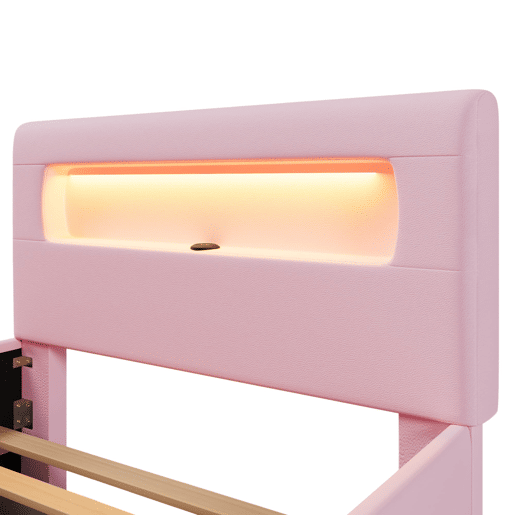 Cama plataforma estofada 90x200 - com escada, gavetas, LED, USB e arrumação - Rosa