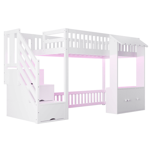 Cama alta de madeira 90x200 cm - armário e escada com arrumação, LED, design com rebordos - branco Cama alta de madeira 90x200 cm - armário e escada com arrumação, LED, design com rebordos - branco
