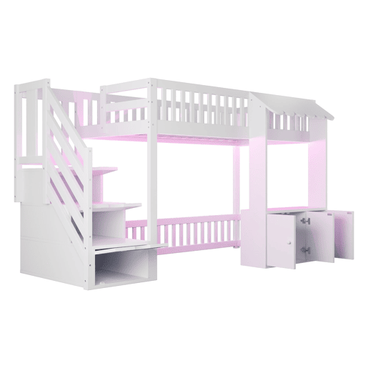 Cama alta de madeira 90x200 cm - armário e escada com arrumação, LED, design com rebordos - branco Cama alta de madeira 90x200 cm - armário e escada com arrumação, LED, design com rebordos - branco