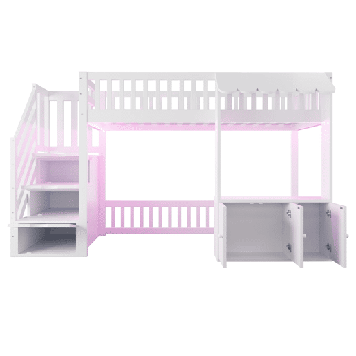 Cama alta de madeira 90x200 cm - armário e escada com arrumação, LED, design com rebordos - branco Cama alta de madeira 90x200 cm - armário e escada com arrumação, LED, design com rebordos - branco