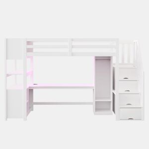 Cama alta 90x200 - armário, secretária, escada com arrumação, LED e tomadas - branca