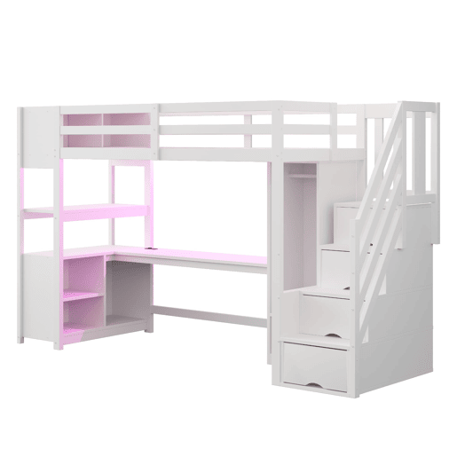 Cama alta 90x200 - armário, secretária, escada com arrumação, LED e tomadas - branca