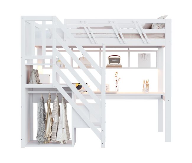 Cama individual 90x200 - escalera con armario, escritorio, usb y luz led - blanco
