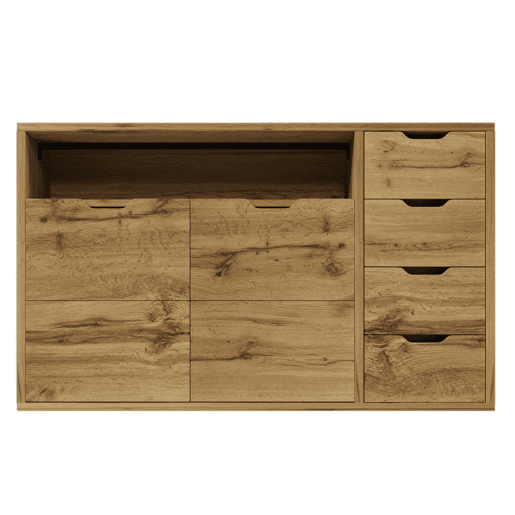 Aparador 150x40x90 cm - 2 portas, 4 gavetas, prateleira aberta, fecho suave - Carvalho Aparador 150x40x90 cm - 2 portas, 4 gavetas, prateleira aberta, fecho suave - Carvalho