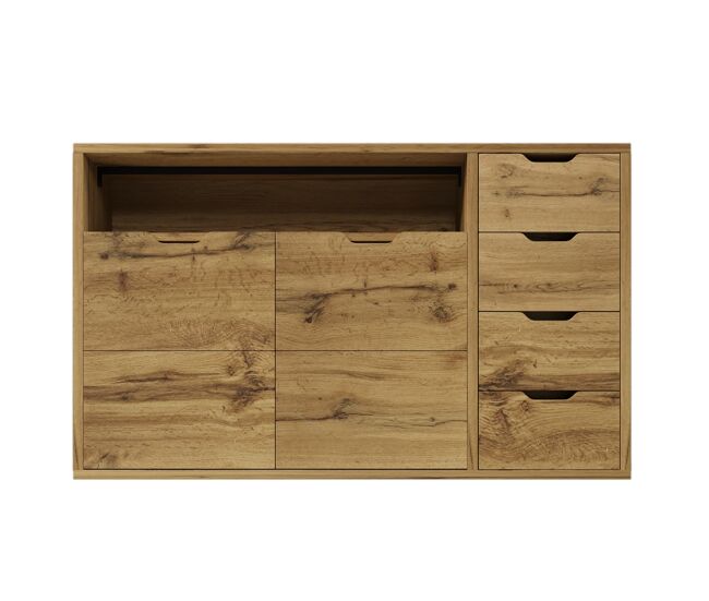 Aparador 150x40x90 cm - 2 puertas, 4 cajones, estante abierto, cierre suave - roble