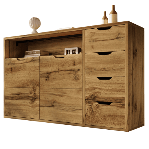 Aparador 150x40x90 cm - 2 portas, 4 gavetas, prateleira aberta, fecho suave - Carvalho Aparador 150x40x90 cm - 2 portas, 4 gavetas, prateleira aberta, fecho suave - Carvalho