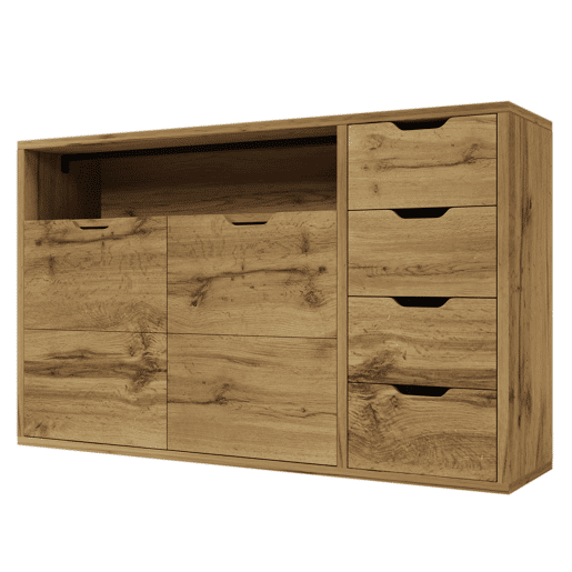 Aparador 150x40x90 cm - 2 portas, 4 gavetas, prateleira aberta, fecho suave - Carvalho Aparador 150x40x90 cm - 2 portas, 4 gavetas, prateleira aberta, fecho suave - Carvalho