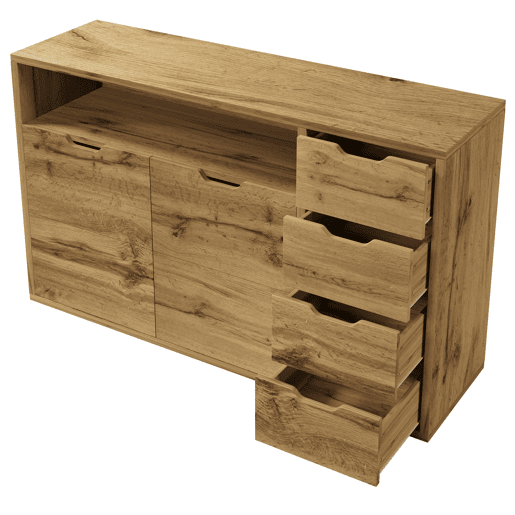 Aparador 150x40x90 cm - 2 portas, 4 gavetas, prateleira aberta, fecho suave - Carvalho Aparador 150x40x90 cm - 2 portas, 4 gavetas, prateleira aberta, fecho suave - Carvalho