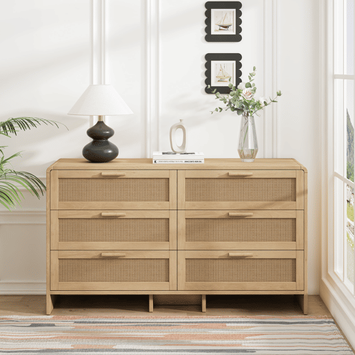 Aparador de canto 130 cm - 6 gavetas em rattan curvado - Natural