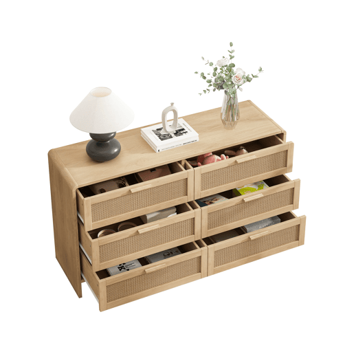 Aparador de canto 130 cm - 6 gavetas em rattan curvado - Natural