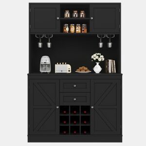Aparador de cozinha com 4 portas - Prateleiras ajustáveis, vinoteca, 2 gavetas - Preto