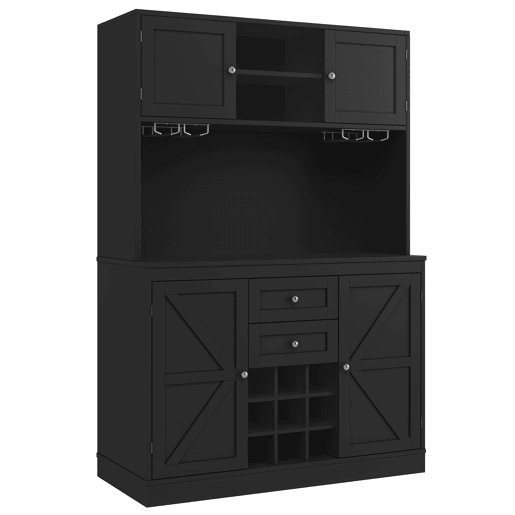 Aparador de cozinha com 4 portas - Prateleiras ajustáveis, vinoteca, 2 gavetas - Preto