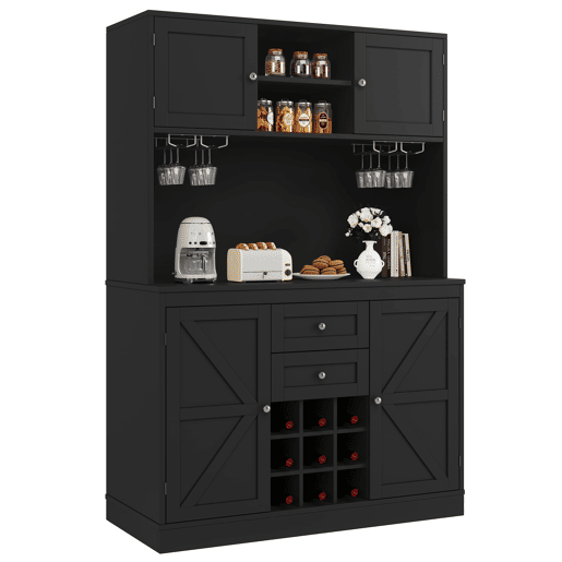 Aparador de cozinha com 4 portas - Prateleiras ajustáveis, vinoteca, 2 gavetas - Preto