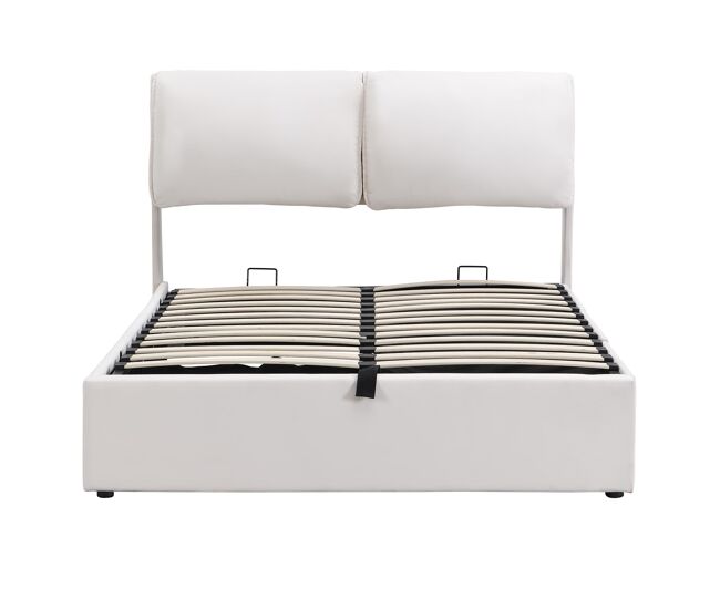 Cama tapizada hidráulica 140x200 - con almacenamiento y 3 cajones - beige