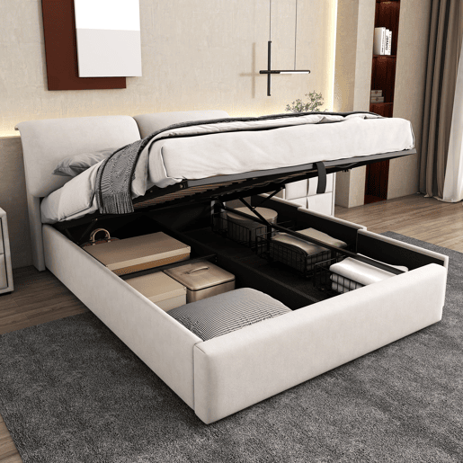 Cama estofada hidráulica 140x200 - com arrumação e 3 gavetas - bege