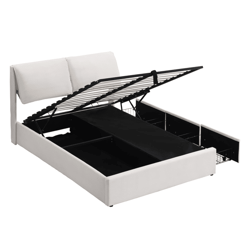 Cama estofada hidráulica 140x200 - com arrumação e 3 gavetas - bege