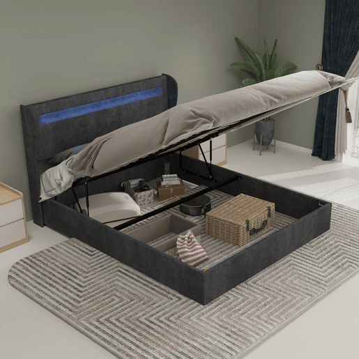 Cama estofada 140x200 - Cabeceira LED, base alta com arrumação e elevador, cinzenta