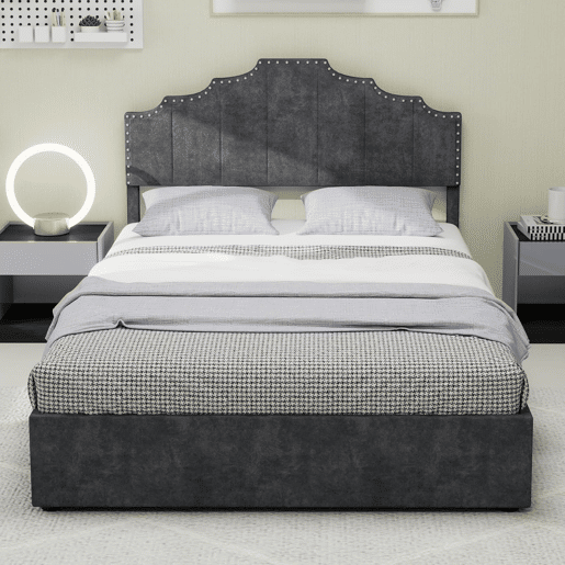 Cama estofada 160x200 - cabeceira macia e canapé rebatível com pistão - cinzento