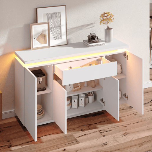 Aparador 140x40x80 cm - 1 gaveta, 4 portas, LED, sala, corredor ou cozinha - Branco