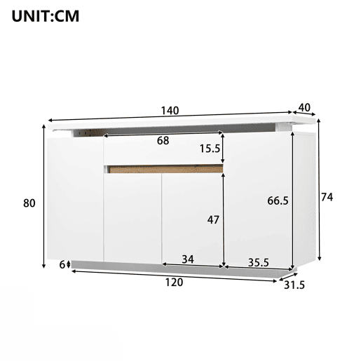Aparador 140x40x80 cm - 1 gaveta, 4 portas, LED, sala, corredor ou cozinha - Branco