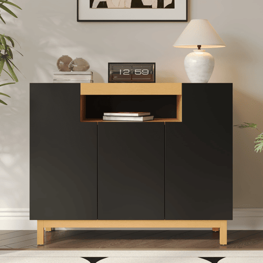 Aparador 120 cm - 3 portas, armazenamento multifuncional para sala de estar e sala de jantar - Preto