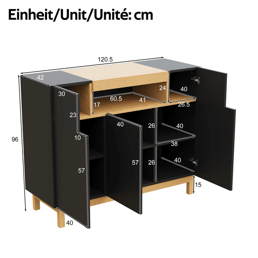 Aparador 120 cm - 3 portas, armazenamento multifuncional para sala de estar e sala de jantar - Preto