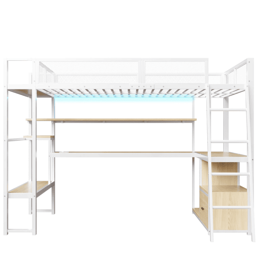 Cama alta metálica para jogos 140x200 - secretária integrada, LED e amplo espaço de armazenamento - Branco