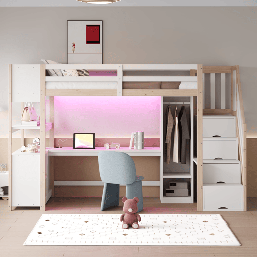 Cama alta de madeira 90x200 cm - secretária e armário com arrumação e LED - branconatural