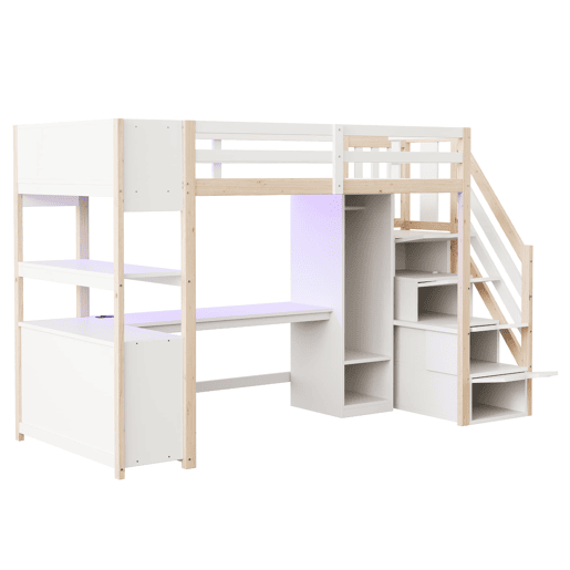 Cama alta de madeira 90x200 cm - secretária e armário com arrumação e LED - branconatural