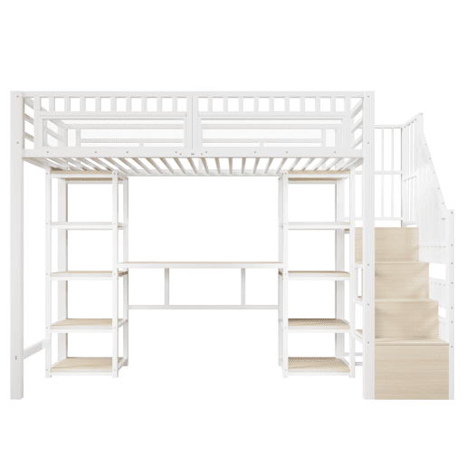 Cama alta 90x200 cm - Estrutura em metal, secretária, prateleiras, LED, USB, sem colchão - Branco
