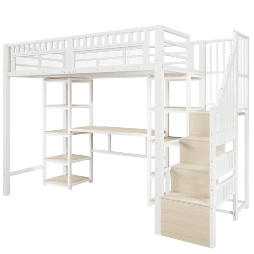 Cama alta 90x200 cm - Estrutura em metal, secretária, prateleiras, LED, USB, sem colchão - Branco