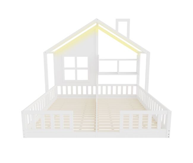 Cama infantil de madera 90x200 - diseño casa con ventanas y chimenea, led, barandilla y estantes - blanco