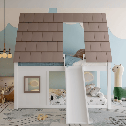 Cama alta de madeira 140x200 - com teto, escada e escorregador - Branco e Castanho