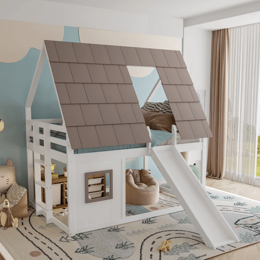 Cama alta de madeira 140x200 - com teto, escada e escorregador - Branco e Castanho