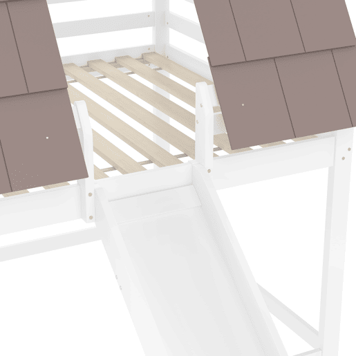Cama alta de madeira 140x200 - com teto, escada e escorregador - Branco e Castanho