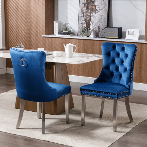 Cadeira de sala de jantar 2 unidades - Moderna, estofada em veludo com pernas em aço cromado - Azul